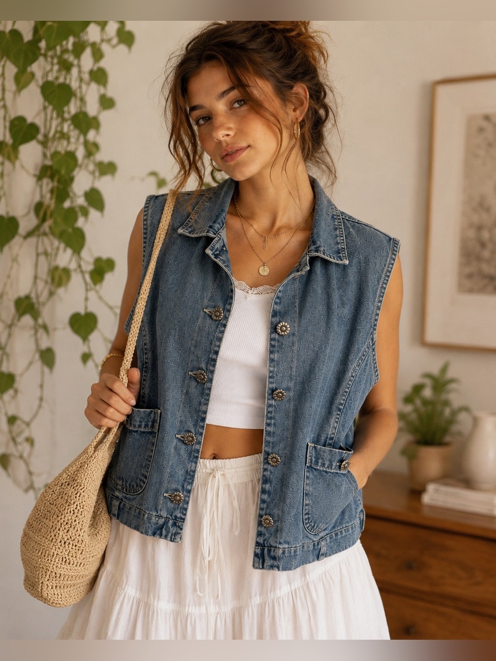 Vintage Studio Ease Denim Vest Floral Button Western Cottagecore Jean Vest